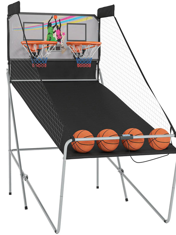 Foldable Basketball Hoop Set with 2 Baskets, 4 Balls and Electronic Scores 205x110x205cm